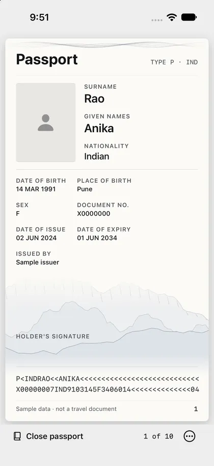 The Passo identity page on an iPhone, showing a sample holder, dates and the machine-readable lines.