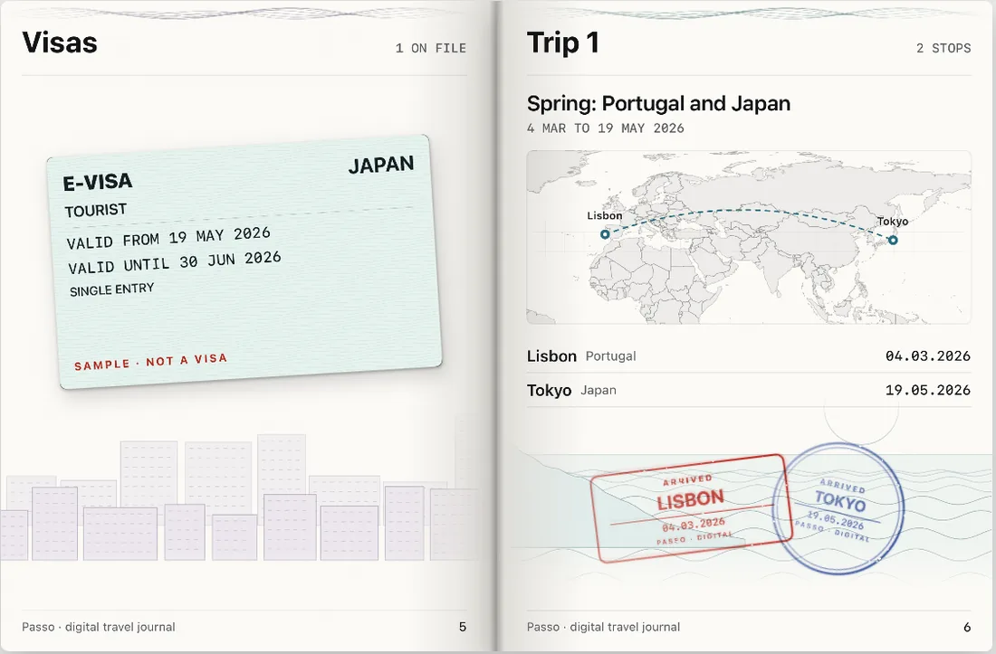 The Passo two-page spread on the iPhone Duo inner display: a sample Japan e-visa on the left, a Portugal and Japan trip map with stamps on the right.